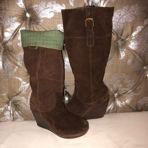 Brown worn leather wedge boots